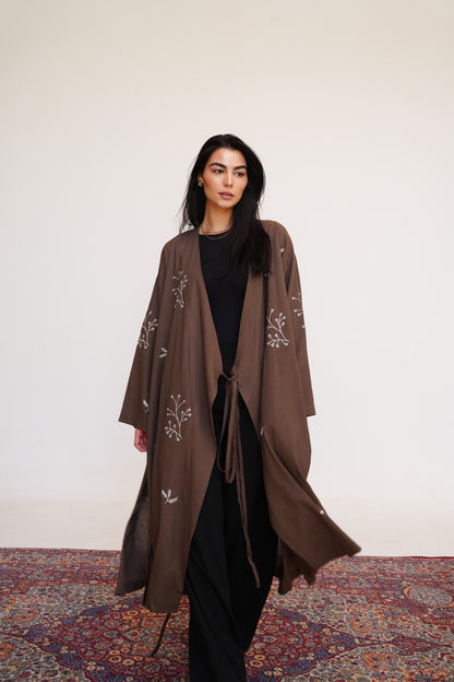 Embroidered Linen Kaftan in Brown
