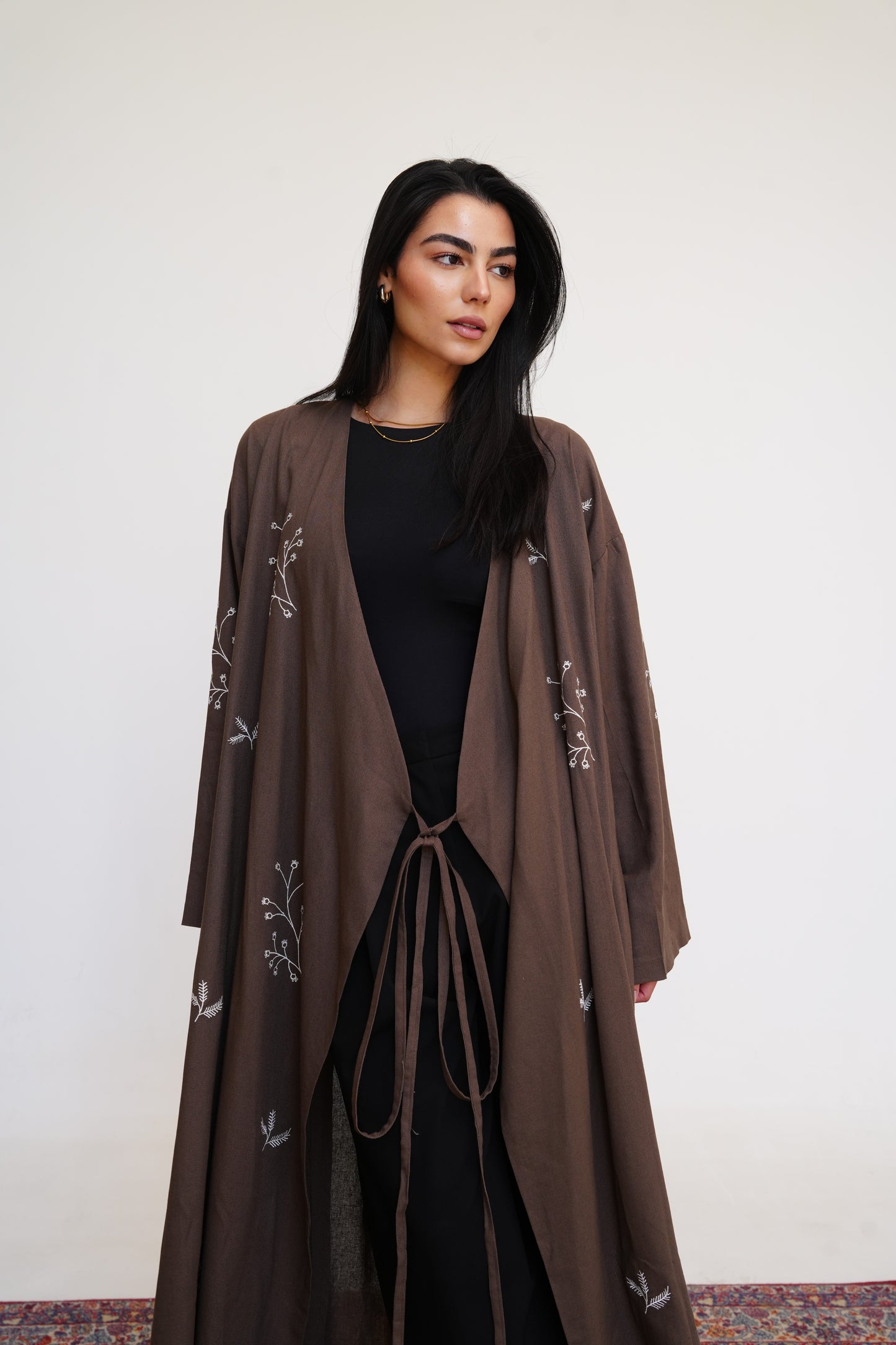 Embroidered Linen Kaftan in Brown