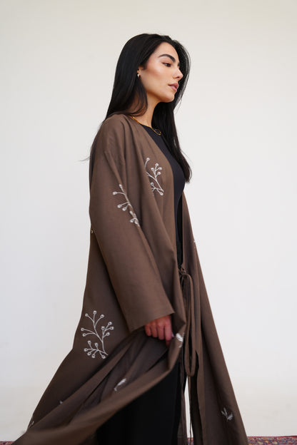 Embroidered Linen Kaftan in Brown