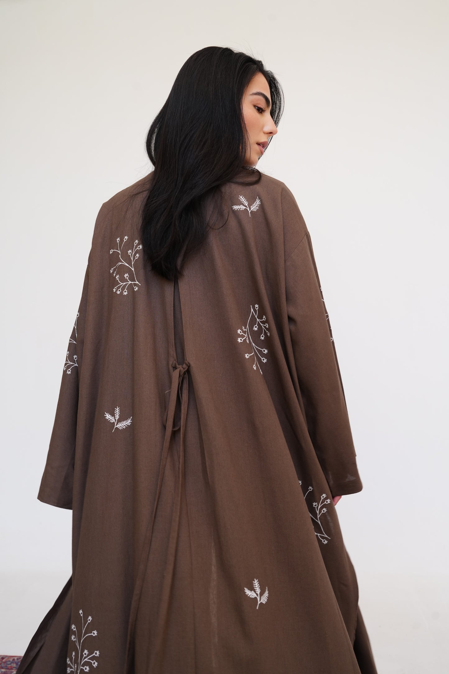 Embroidered Linen Kaftan in Brown