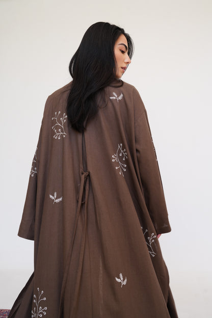 Embroidered Linen Kaftan in Brown