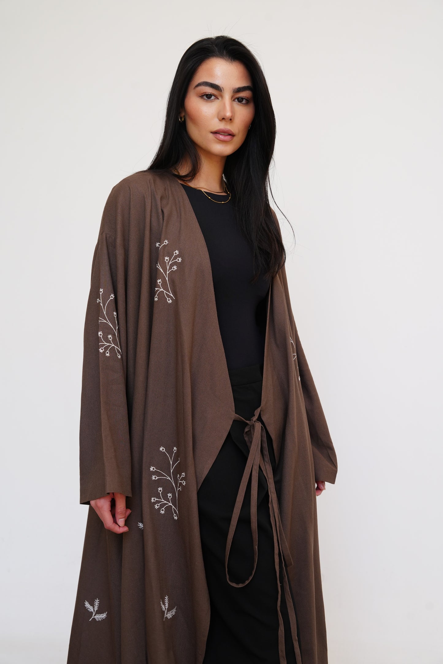 Embroidered Linen Kaftan in Brown