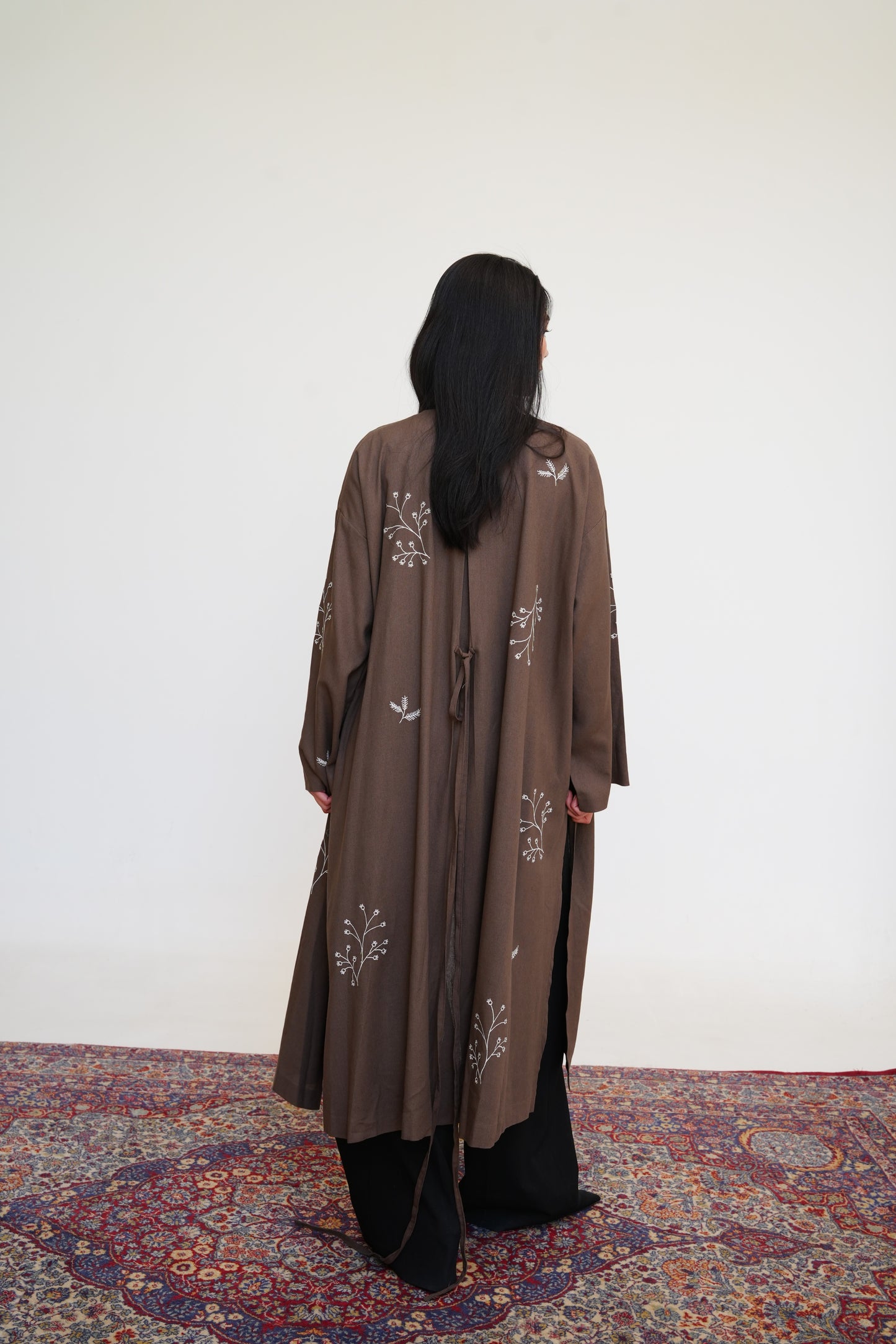 Embroidered Linen Kaftan in Brown