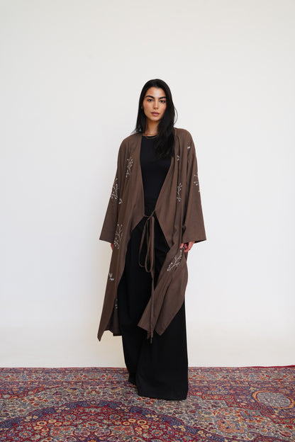 Embroidered Linen Kaftan in Brown