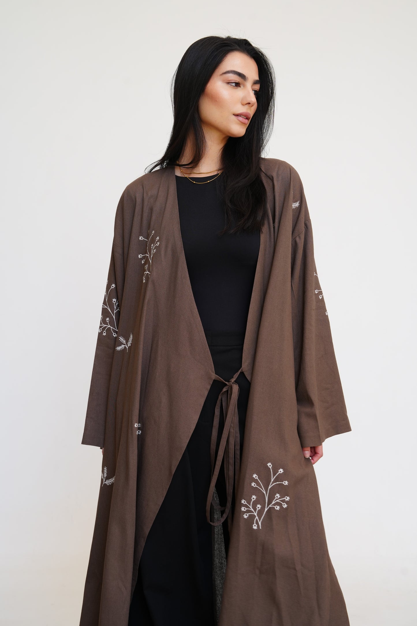 Embroidered Linen Kaftan in Brown