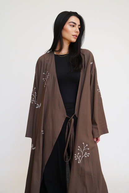 Embroidered Linen Kaftan in Brown