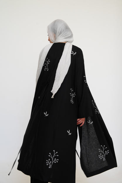 Embroidered Linen Kaftan in Black