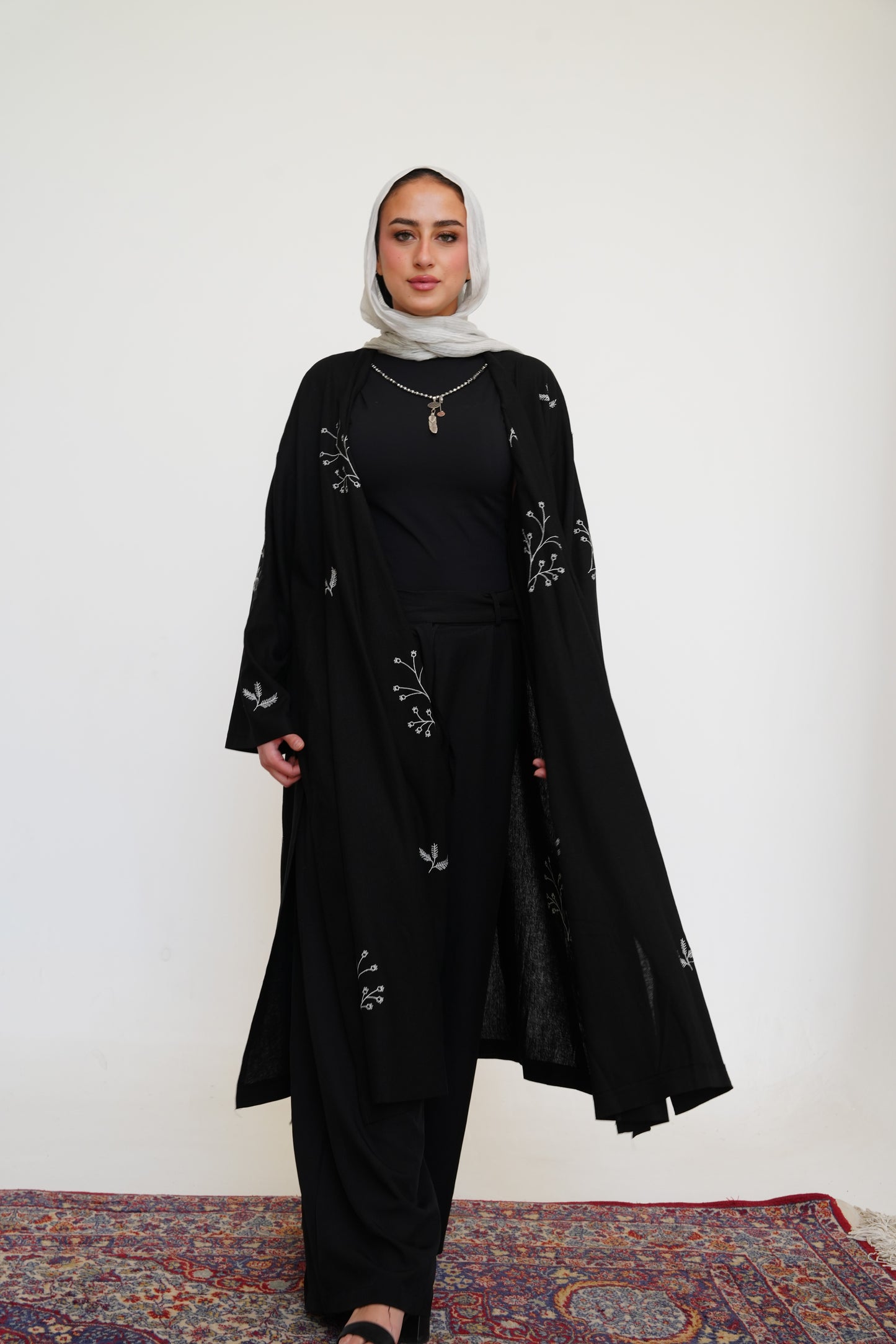 Embroidered Linen Kaftan in Black