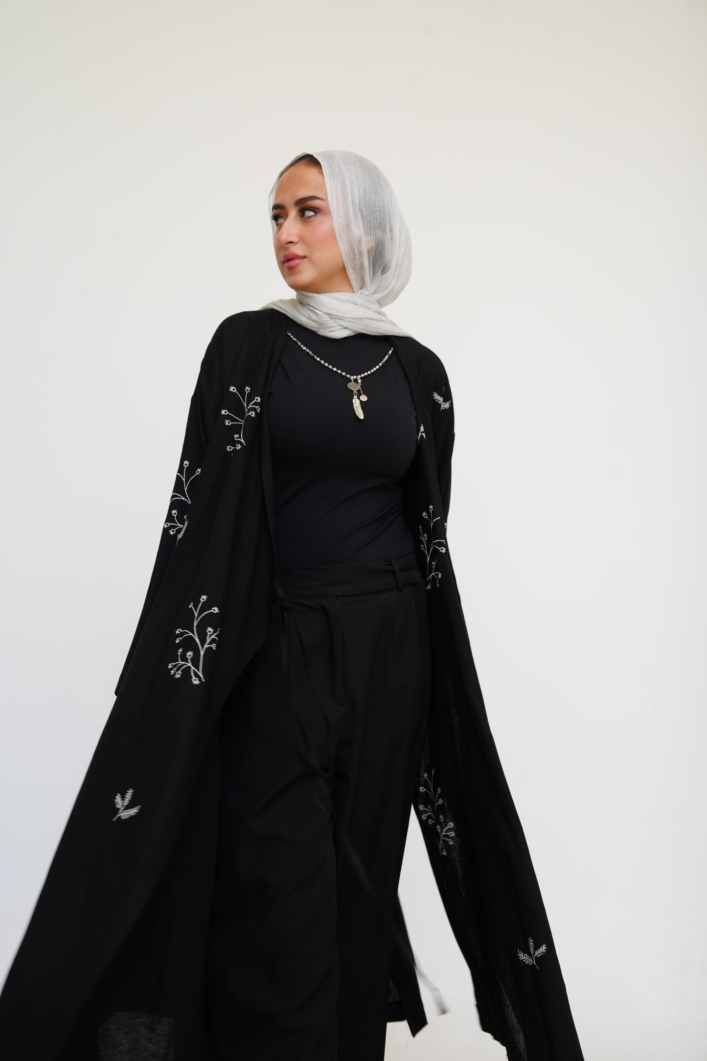 Embroidered Linen Kaftan in Black