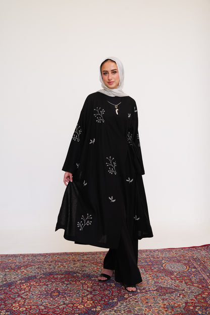 Embroidered Linen Kaftan in Black