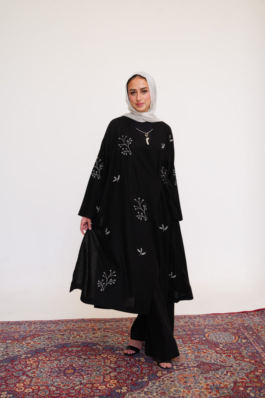 Embroidered Linen Kaftan in Black