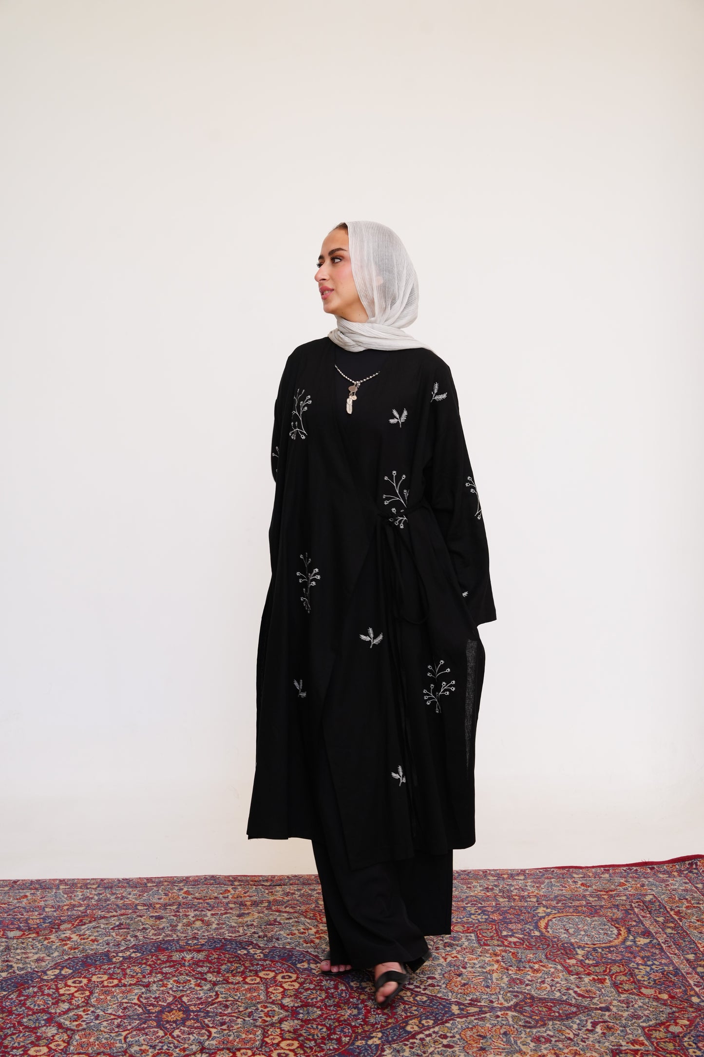 Embroidered Linen Kaftan in Black