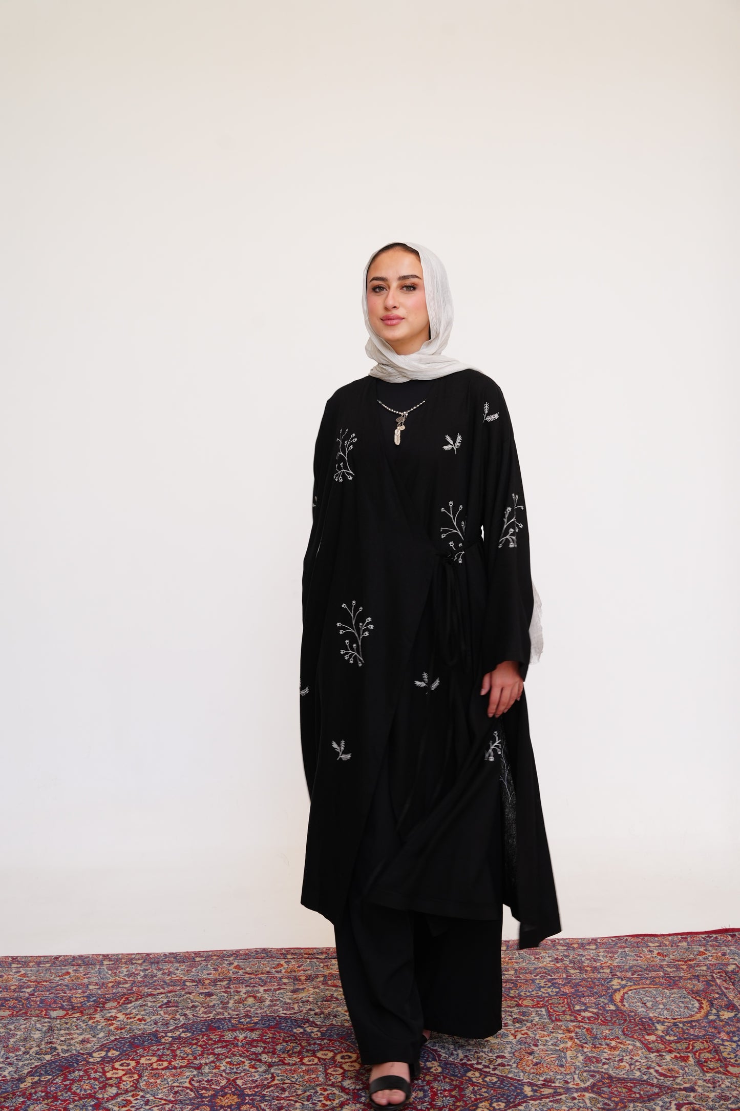 Embroidered Linen Kaftan in Black