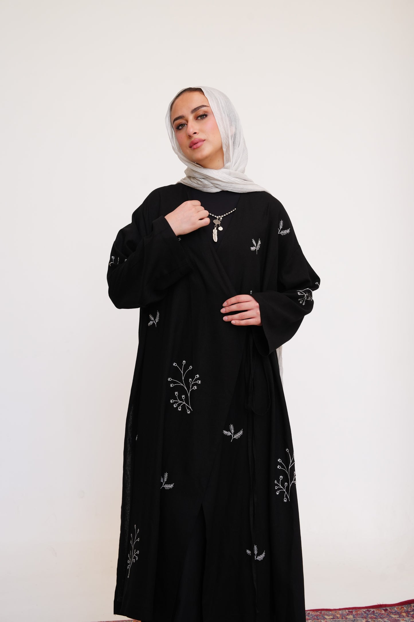Embroidered Linen Kaftan in Black
