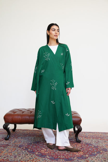 Embroidered Linen Kaftan in Emerald Green