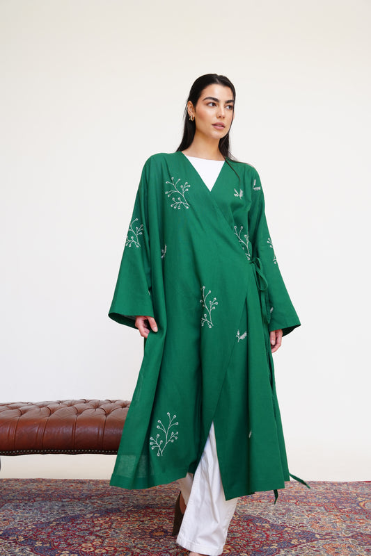 Embroidered Linen Kaftan in Emerald Green