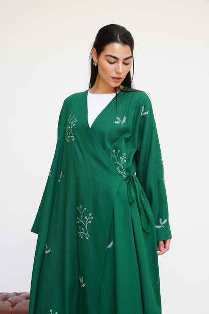 Embroidered Linen Kaftan in Emerald Green