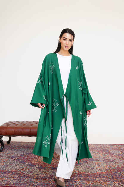 Embroidered Linen Kaftan in Emerald Green