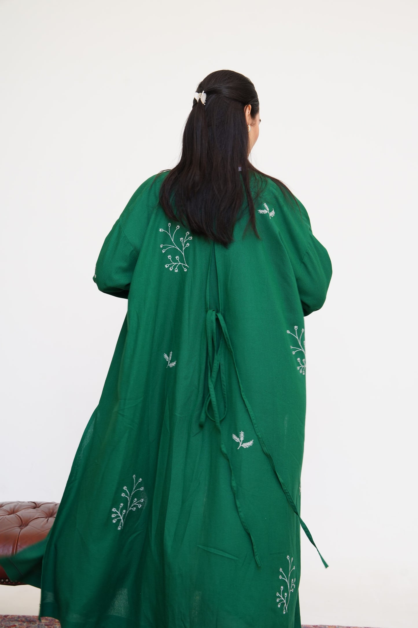 Embroidered Linen Kaftan in Emerald Green