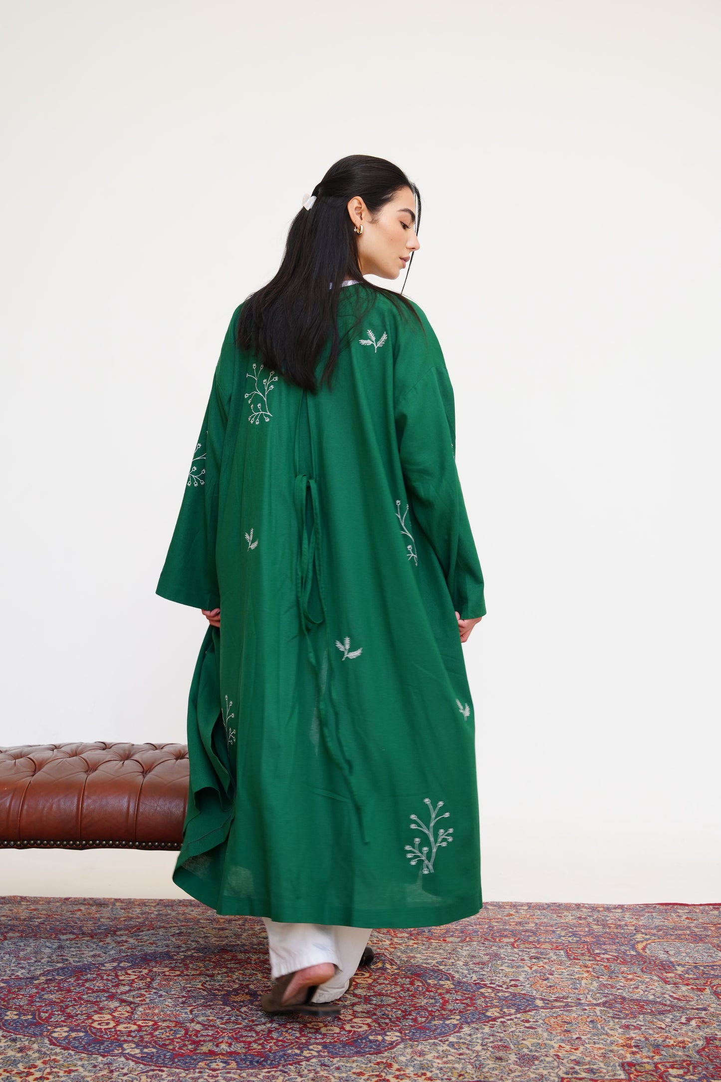 Embroidered Linen Kaftan in Emerald Green