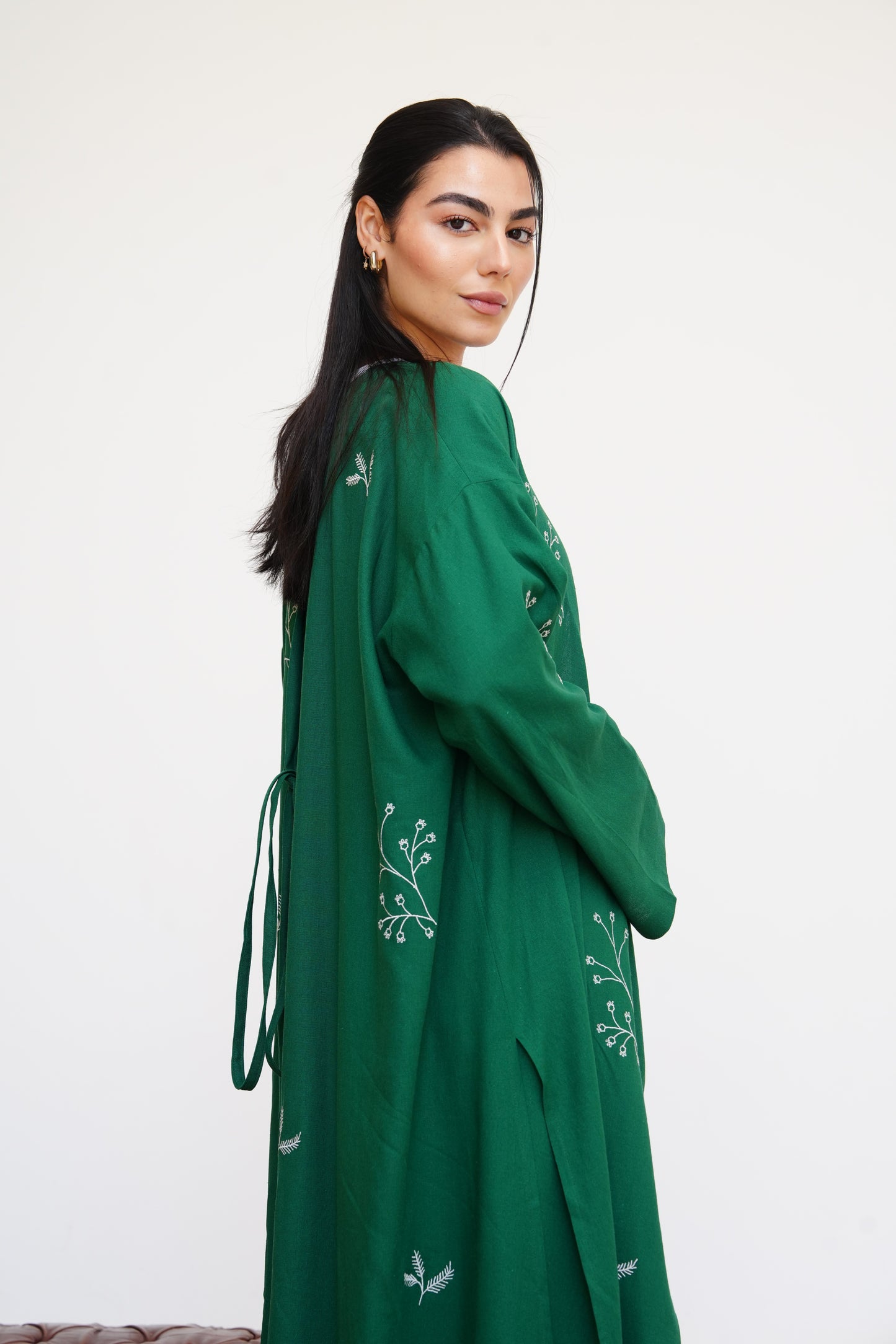 Embroidered Linen Kaftan in Emerald Green