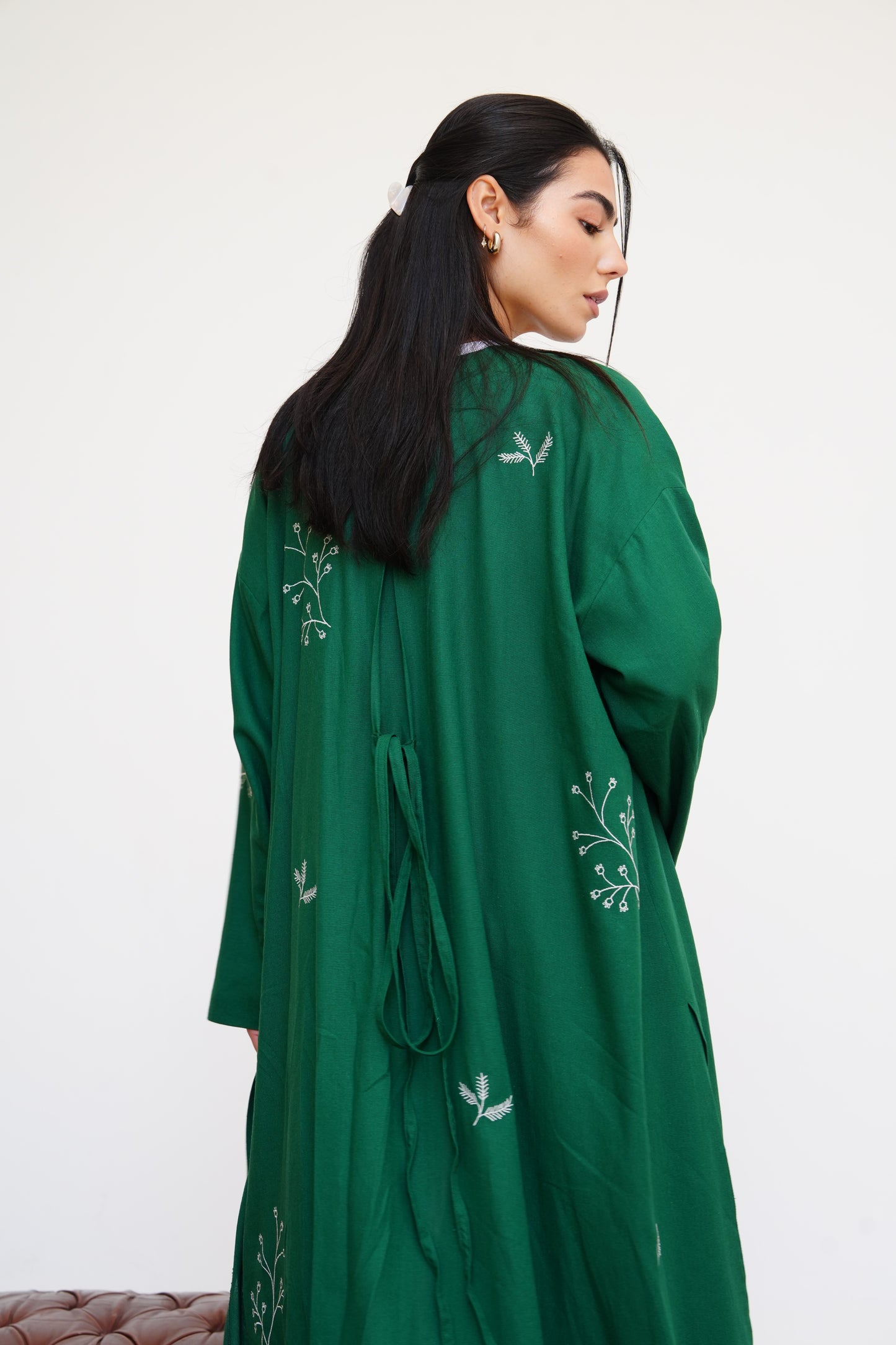 Embroidered Linen Kaftan in Emerald Green