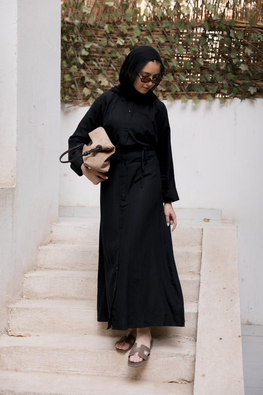 Linen Flow Shirt Dress in Black