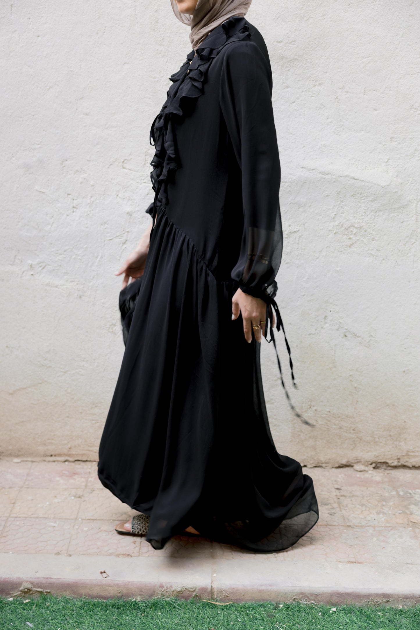 Ruffle Chiffon Dress in Black