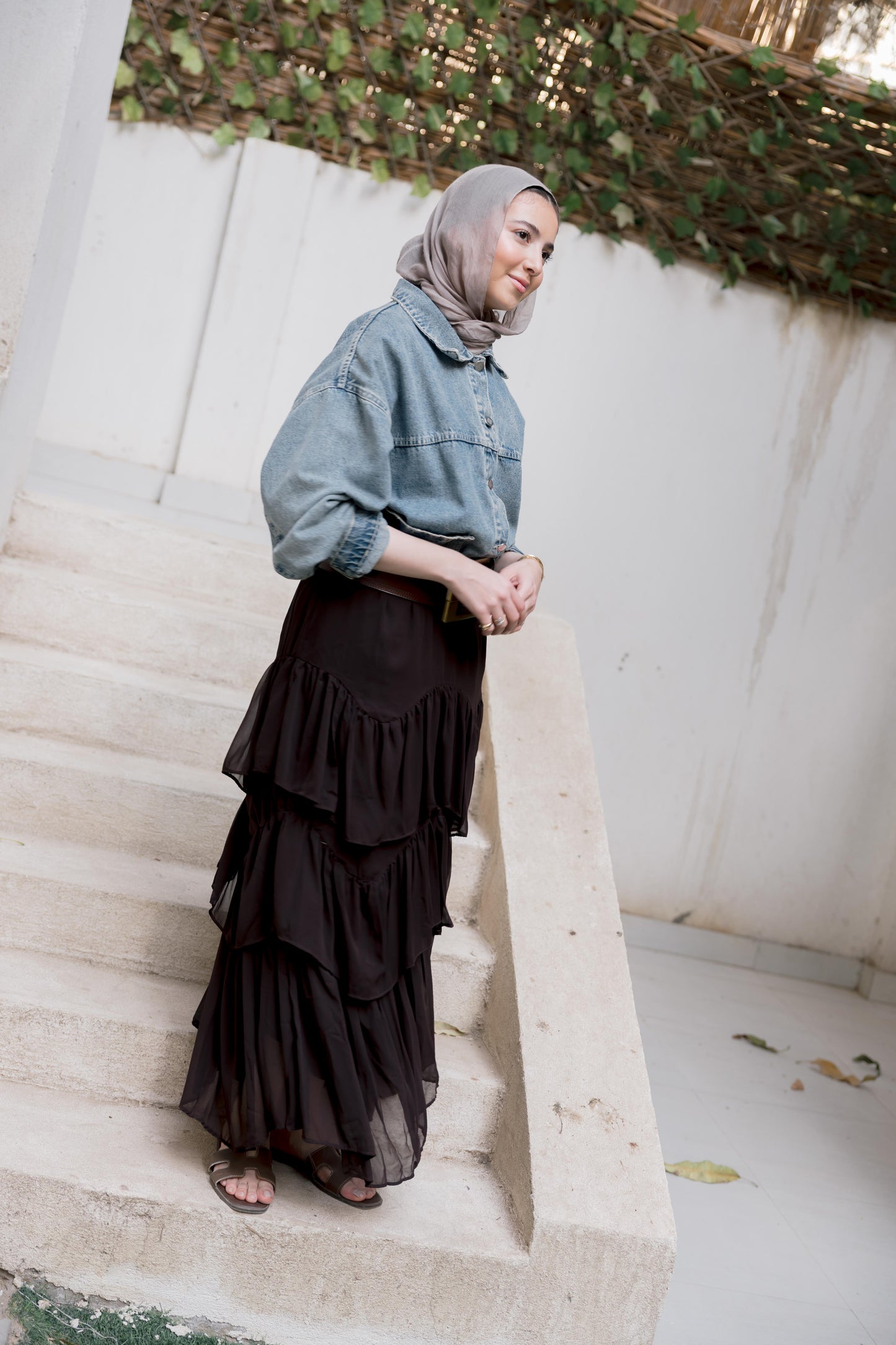 Ruffle Chiffon Skirt in Brown