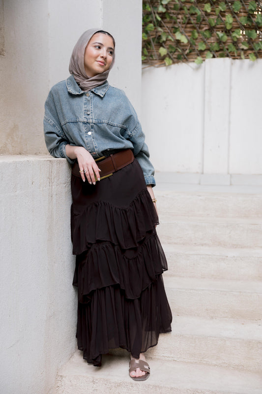 Ruffle Chiffon Skirt in Brown