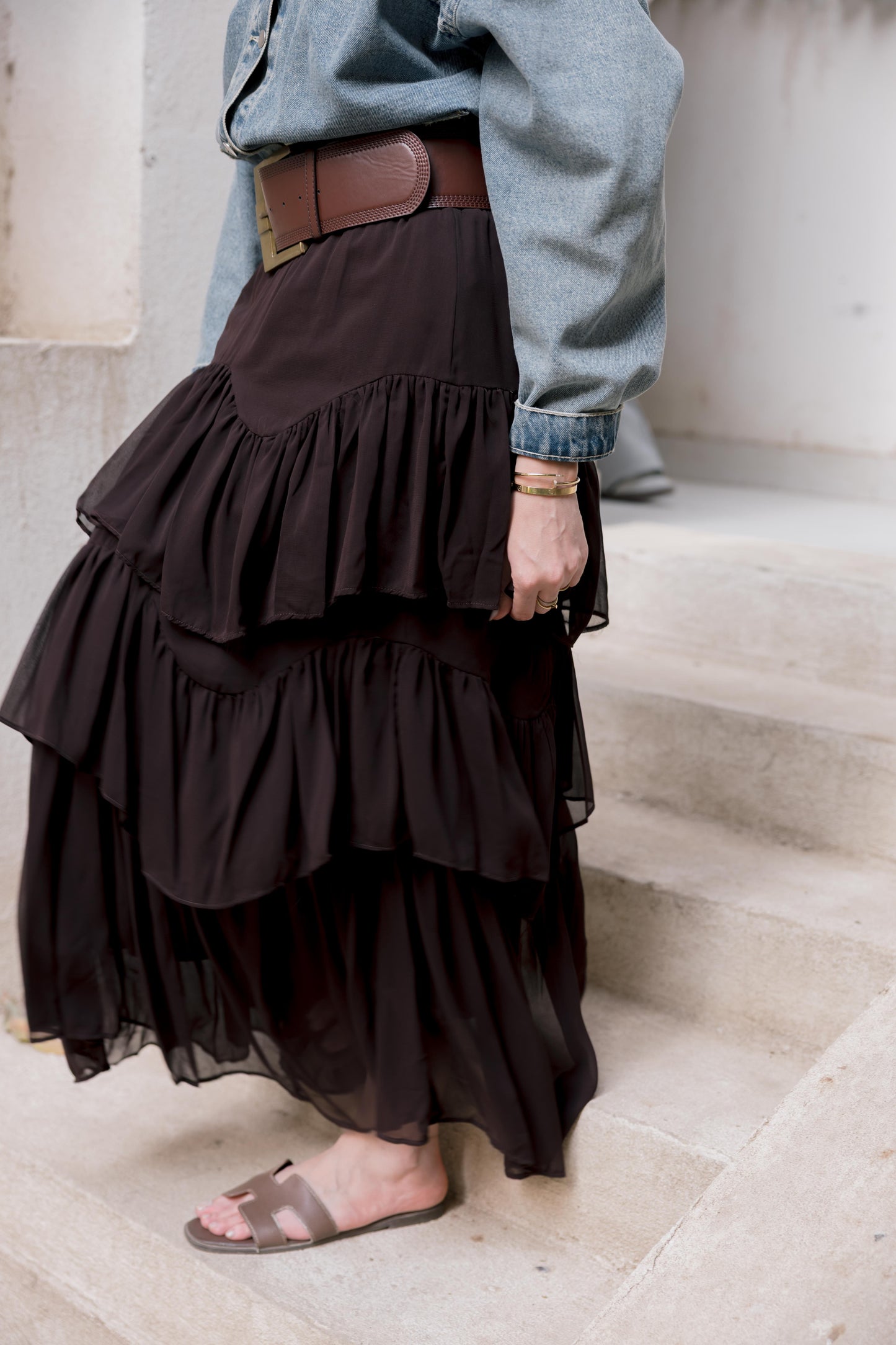 Ruffle Chiffon Skirt in Brown