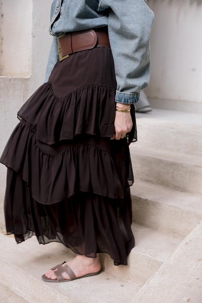 Ruffle Chiffon Skirt in Brown