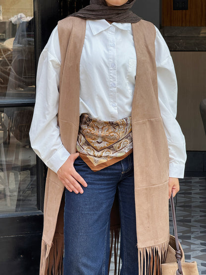 The Suede Fringe Vest in Beige