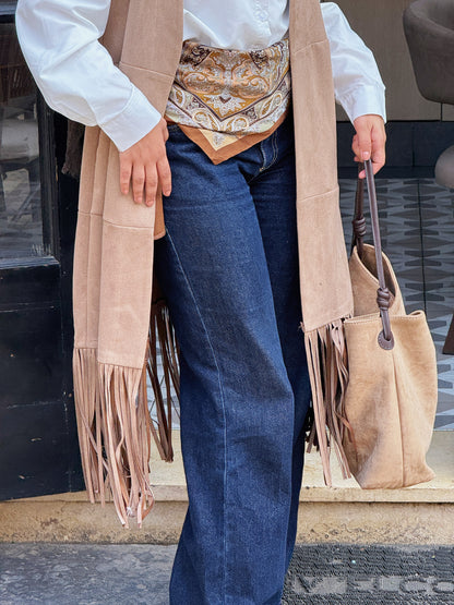 The Suede Fringe Vest in Beige