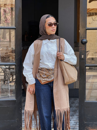 The Suede Fringe Vest in Beige