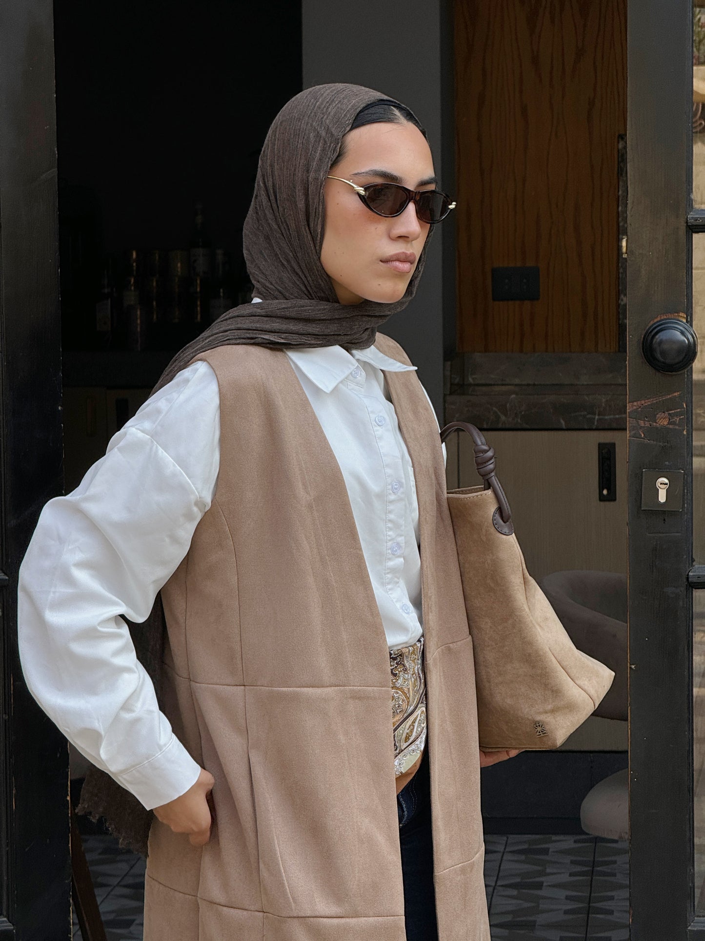 The Suede Fringe Vest in Beige