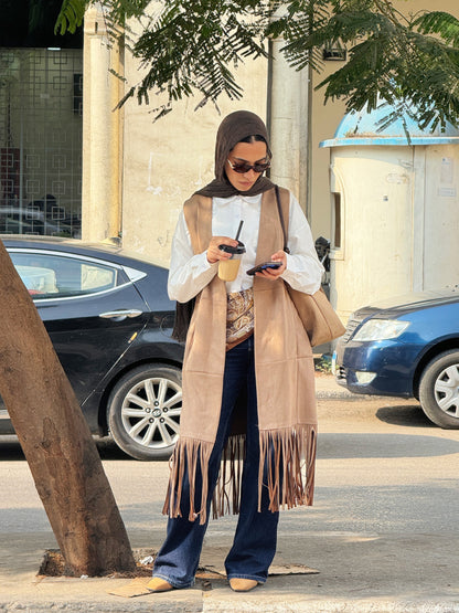 The Suede Fringe Vest in Beige