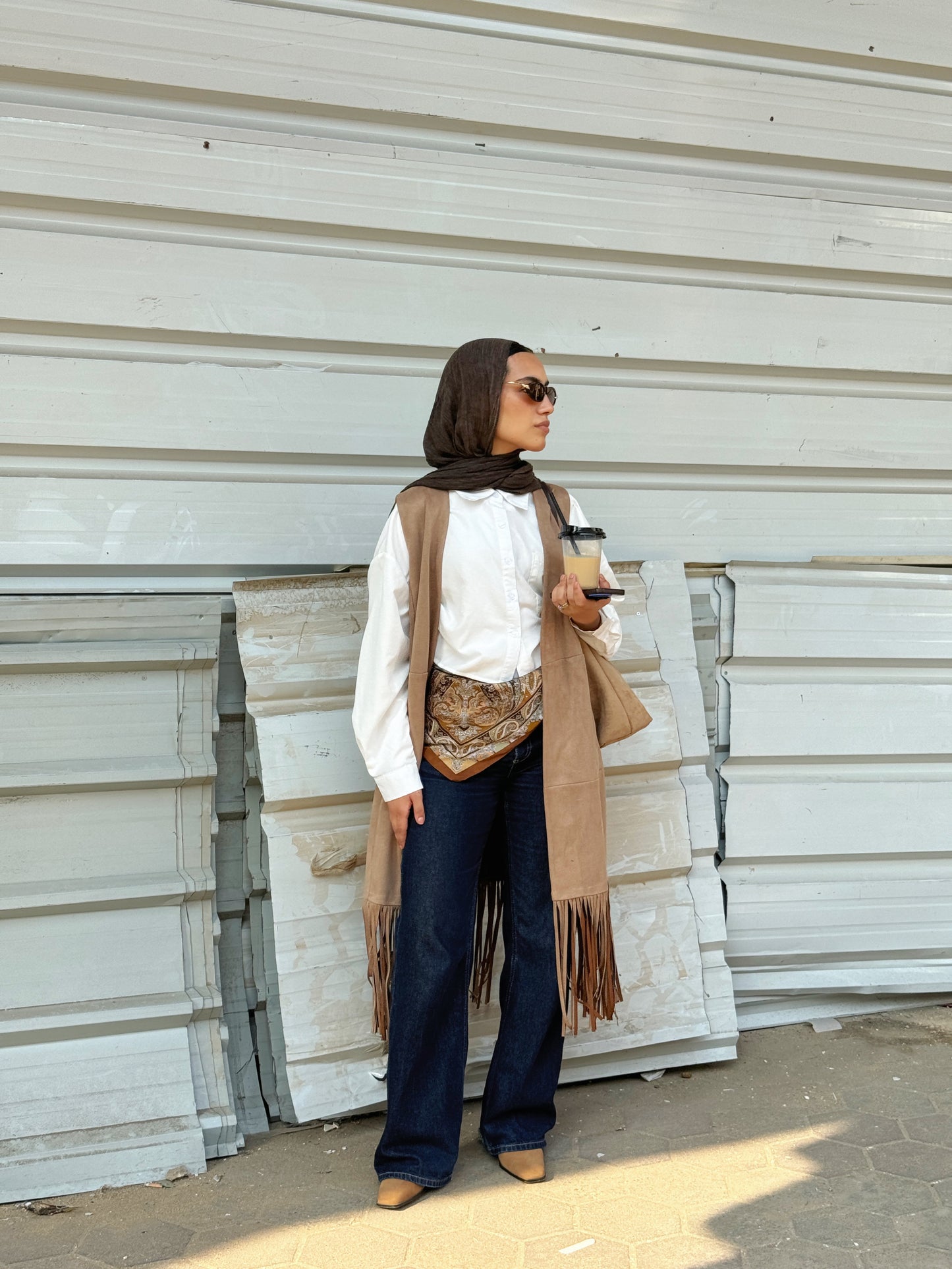 The Suede Fringe Vest in Beige