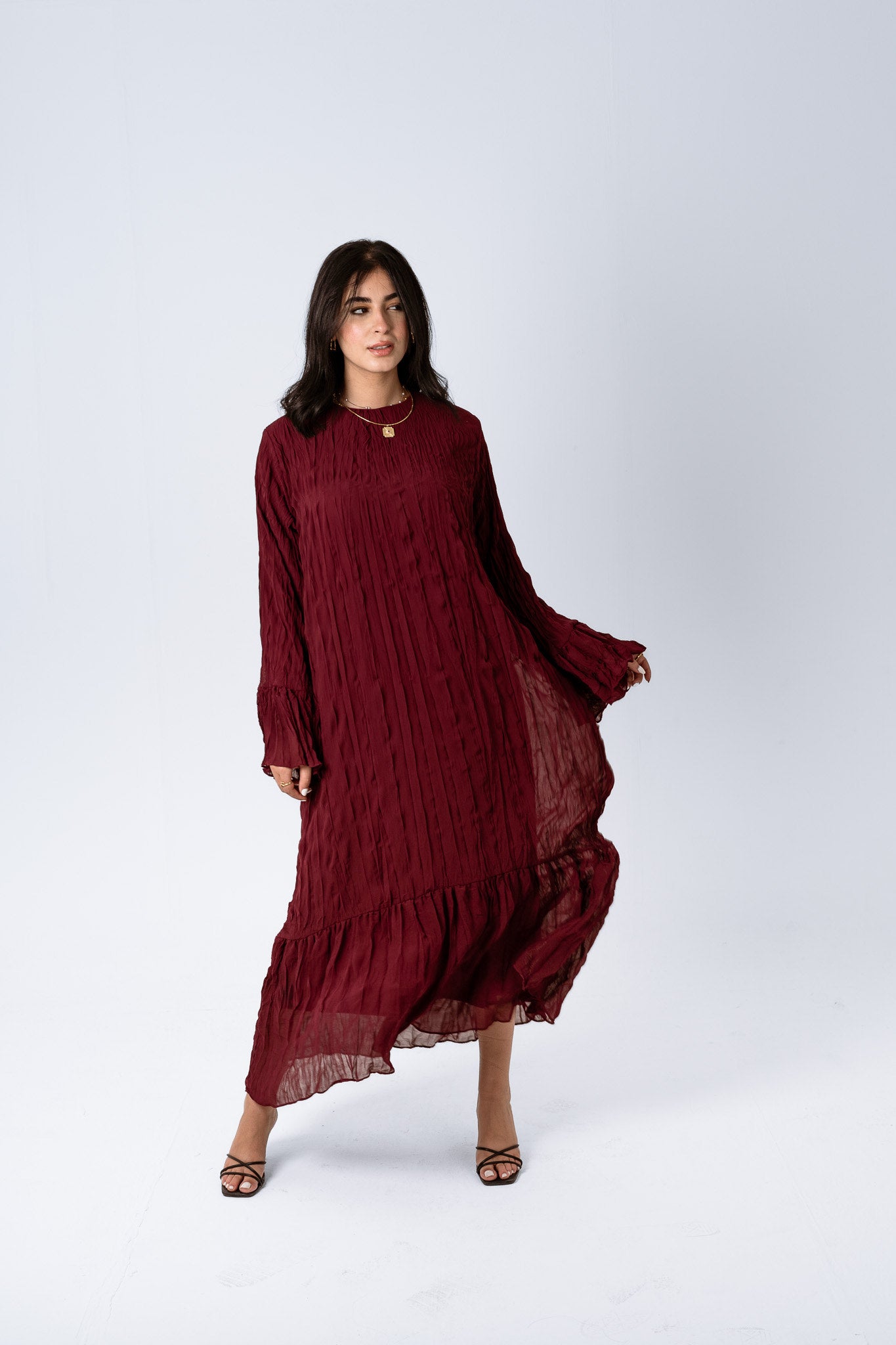 Sunshine Pleated Chiffon Dress in Maroon