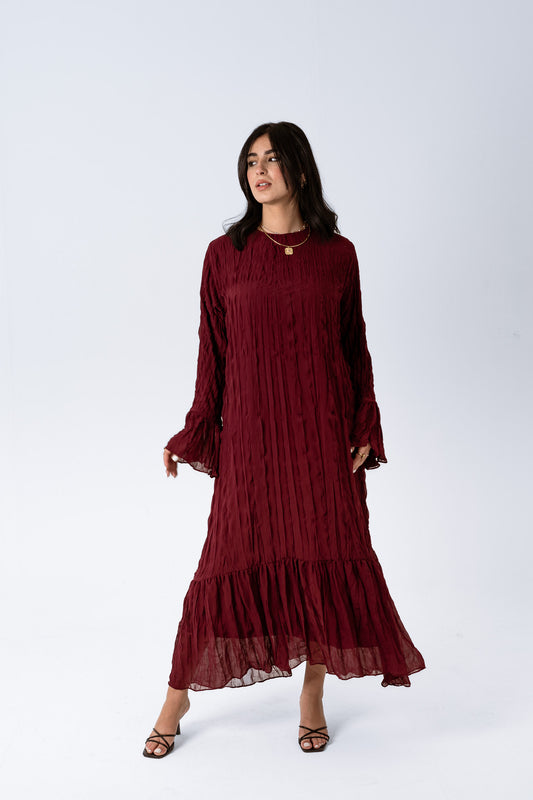 Sunshine Pleated Chiffon Dress in Maroon