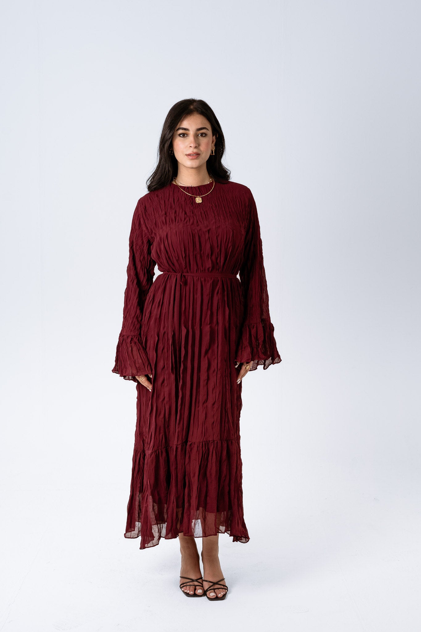 Sunshine Pleated Chiffon Dress in Maroon