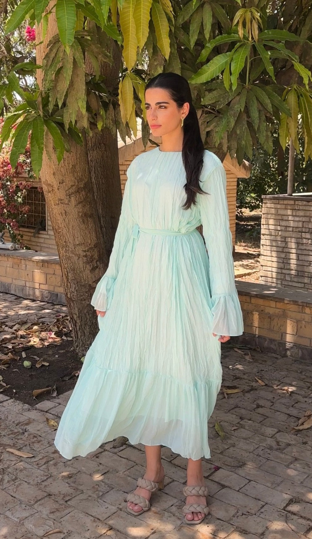 Sunshine Pleated Chiffon Dress in Aqua