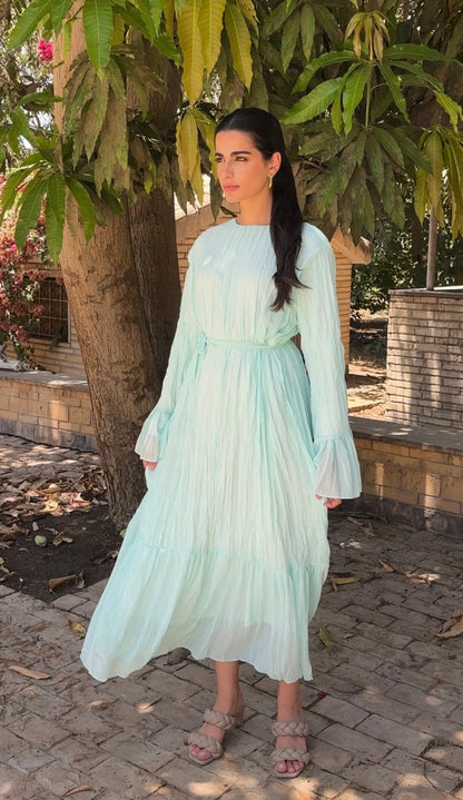 Sunshine Pleated Chiffon Dress in Aqua