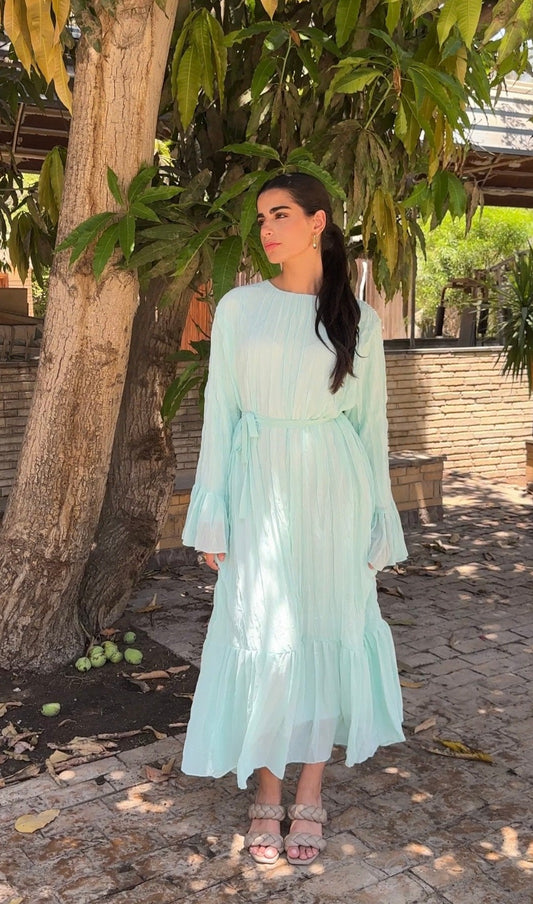 Sunshine Pleated Chiffon Dress in Aqua