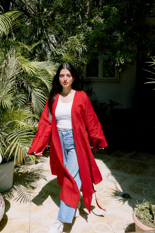 Flow Linen Cardigan in Red