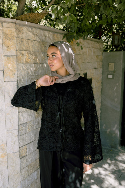 Lace Organza Floral Cardigan in Black