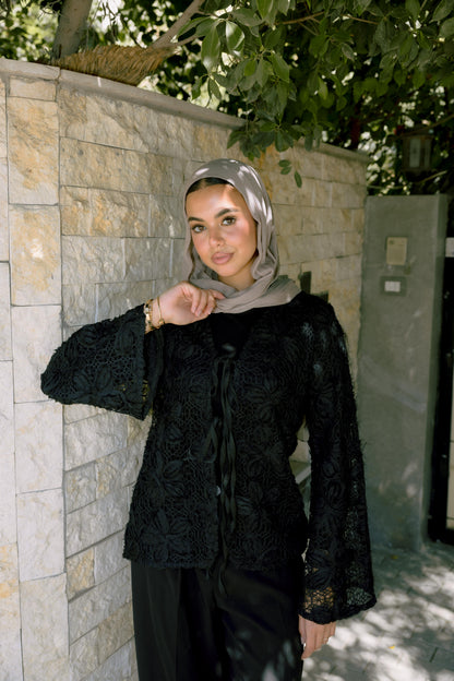 Lace Organza Floral Cardigan in Black