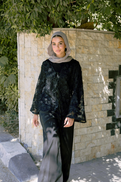 Lace Organza Floral Cardigan in Black