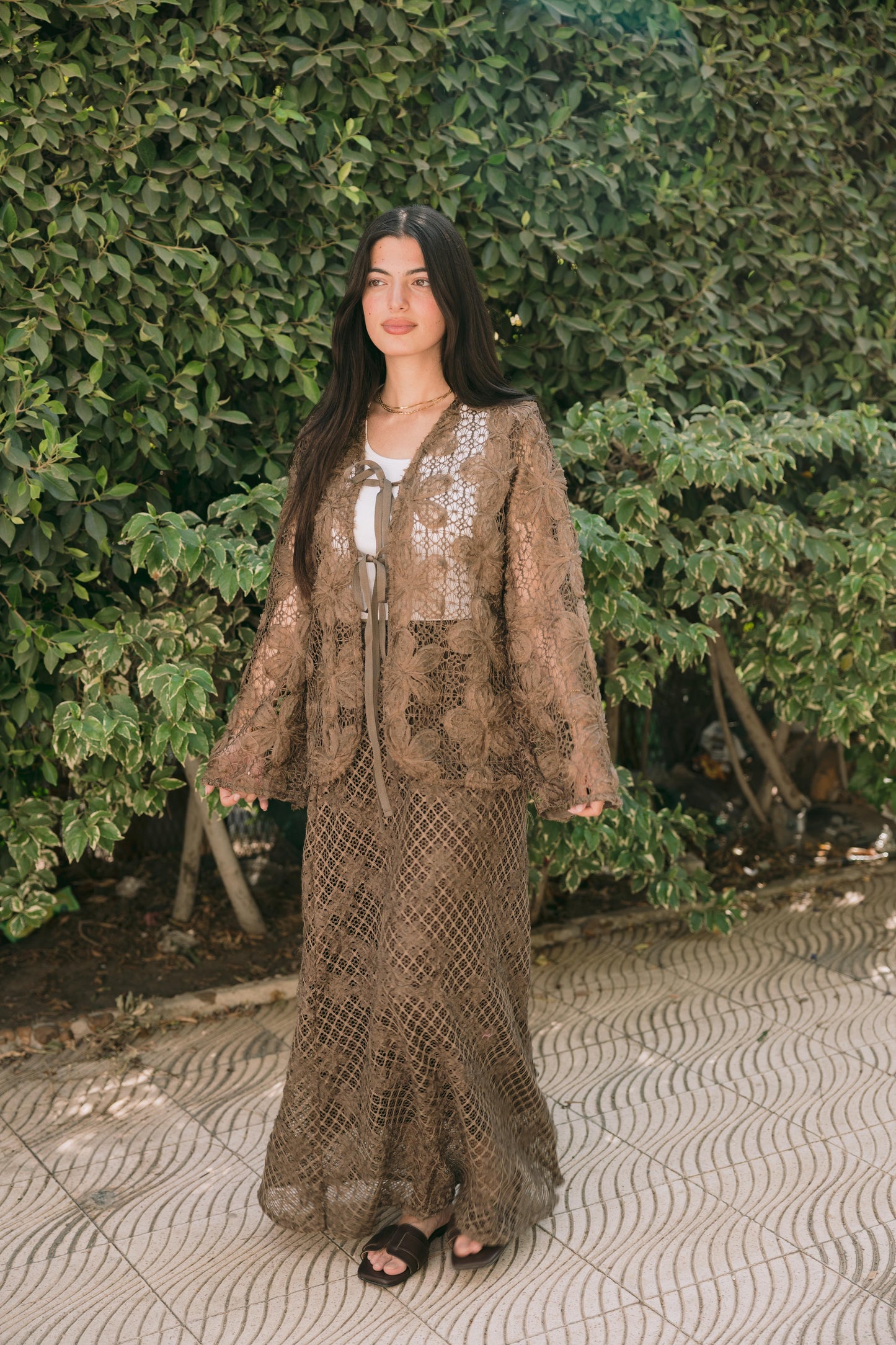 Lace Organza Floral Skirt in Brown