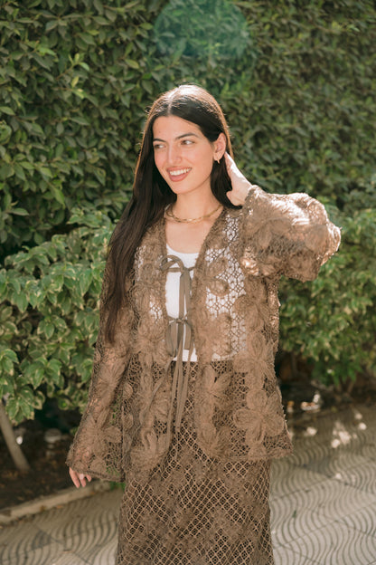 Lace Organza Floral Cardigan in Brown